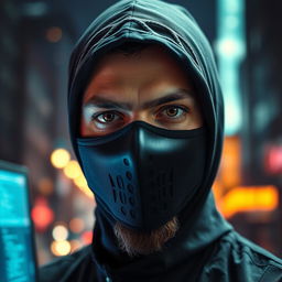 A close-up portrait of a person wearing a black hacker mask, showcasing piercing eyes and an intense expression