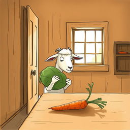 Inside a cozy room, a whimsical goat holding a cabbage gazes curiously at a carrot that is placed on a wooden table