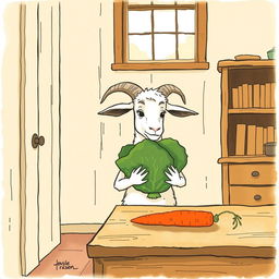 Inside a cozy room, a whimsical goat holding a cabbage gazes curiously at a carrot that is placed on a wooden table
