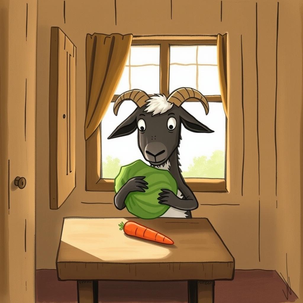 Inside a cozy room, a whimsical goat holding a cabbage gazes curiously at a carrot that is placed on a wooden table