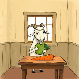 Inside a cozy room, a whimsical goat holding a cabbage gazes curiously at a carrot that is placed on a wooden table