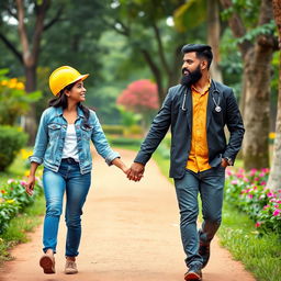 A charming scene depicting a Sri Lankan couple walking hand in hand in a park, looking lovingly at each other as they approach the viewer