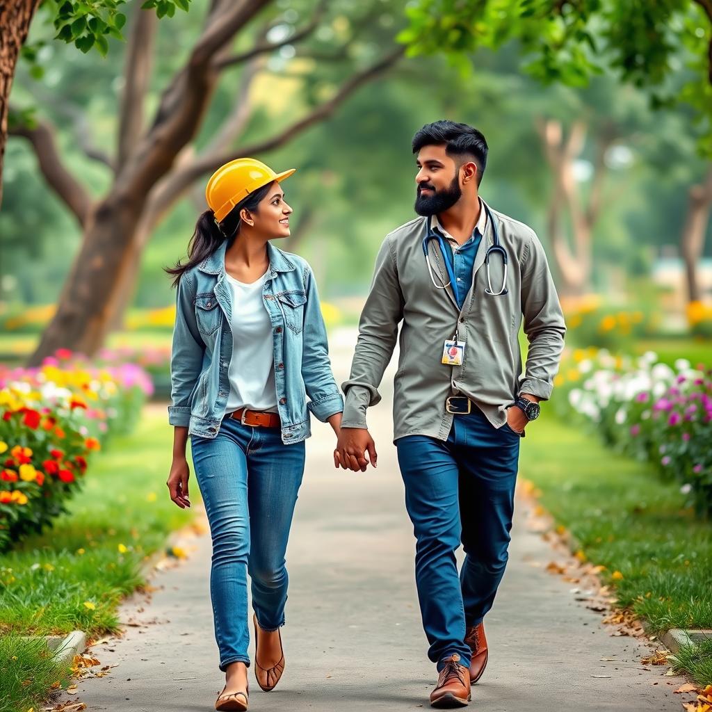 A charming scene depicting a Sri Lankan couple walking hand in hand in a park, looking lovingly at each other as they approach the viewer
