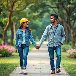 A charming scene depicting a Sri Lankan couple walking hand in hand in a park, looking lovingly at each other as they approach the viewer