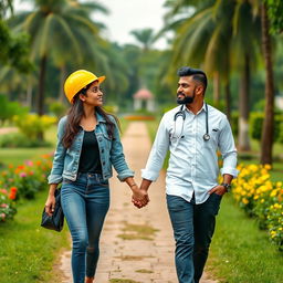 A charming scene depicting a Sri Lankan couple walking hand in hand in a park, looking lovingly at each other as they approach the viewer