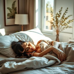 A beautiful large-size brunette woman peacefully sleeping on a cozy bed, surrounded by soft pillows and a comfortable blanket