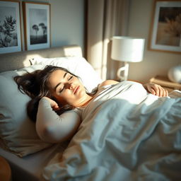 A beautiful large-size brunette woman peacefully sleeping on a cozy bed, surrounded by soft pillows and a comfortable blanket