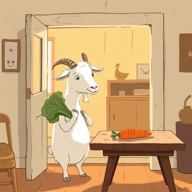 Inside a cozy room, a white goat holding a cabbage gazes curiously at a carrot placed on a wooden table