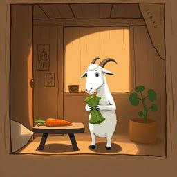 Inside a cozy room, a white goat holding a cabbage gazes curiously at a carrot placed on a wooden table