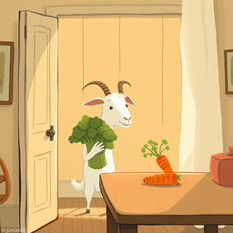 Inside a cozy room, a white goat holding a cabbage gazes curiously at a carrot placed on a wooden table