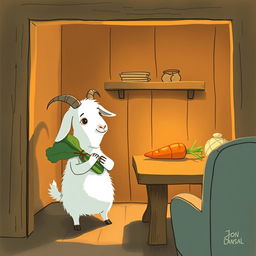 Inside a cozy room, a white goat holding a cabbage gazes curiously at a carrot placed on a wooden table