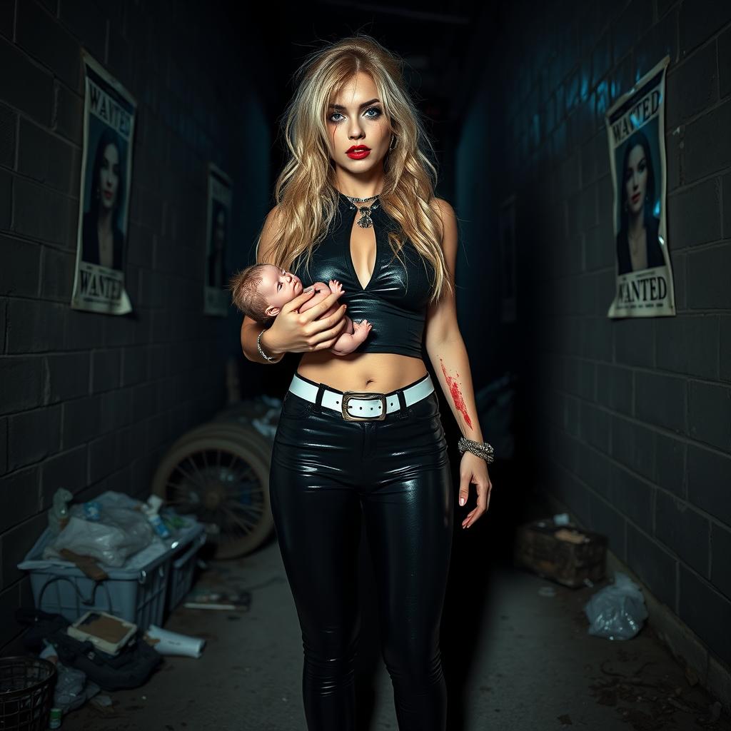 A full length, head to toe photograph of a sexy, beautiful 18-year-old woman with very thick, long, messy dirty blond hair and captivating crystal blue eyes