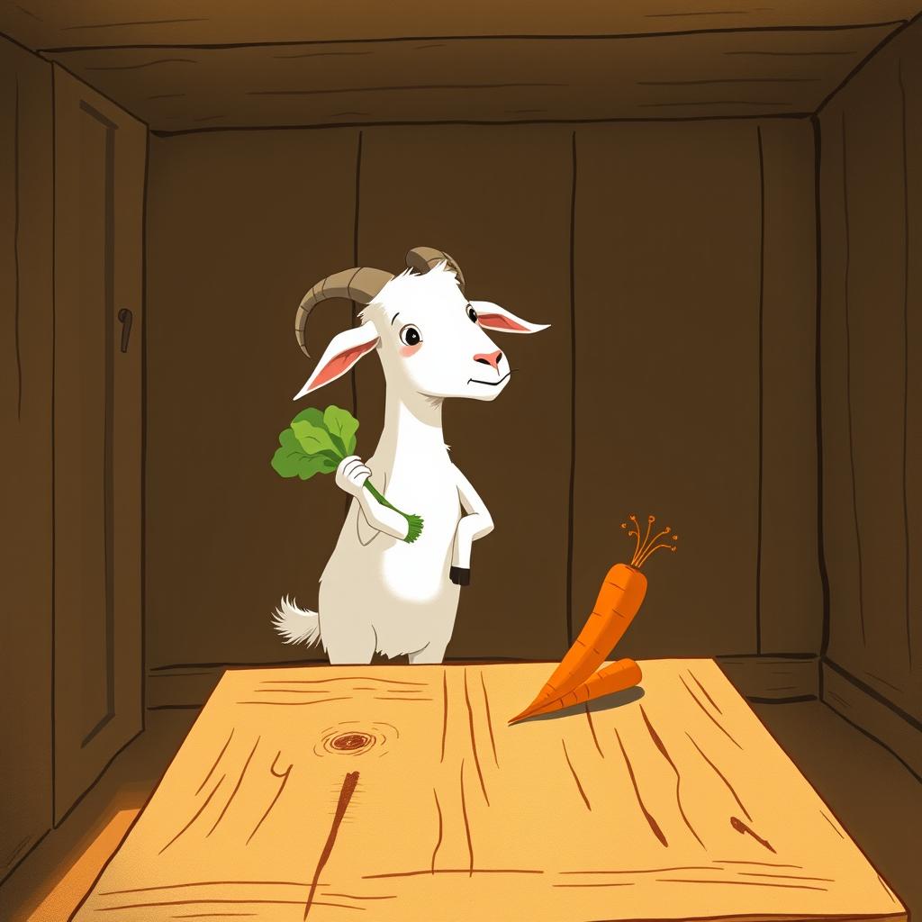 Inside a cozy room, a white goat holding a cabbage stands tilted slightly, gazing curiously at a carrot placed on a wooden table