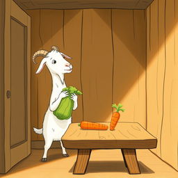 Inside a cozy room, a white goat holding a cabbage stands tilted slightly, gazing curiously at a carrot placed on a wooden table