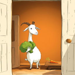 Inside a cozy room, a white goat holding a cabbage stands tilted slightly, gazing curiously at a carrot placed on a wooden table