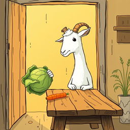 Inside a cozy room, a white goat holding a cabbage stands tilted slightly, gazing curiously at a carrot placed on a wooden table