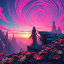 A majestic scene of a vast alien landscape during a vibrant sunset, featuring surreal rock formations and bioluminescent plants, with two ethereal figures standing at the edge of a cliff, looking out over a swirling pink and purple sky filled with stars