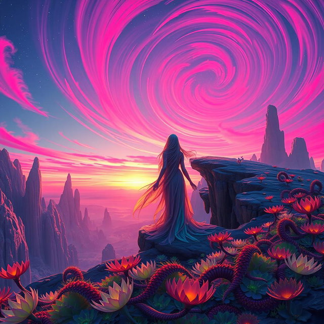 A majestic scene of a vast alien landscape during a vibrant sunset, featuring surreal rock formations and bioluminescent plants, with two ethereal figures standing at the edge of a cliff, looking out over a swirling pink and purple sky filled with stars