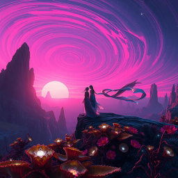 A majestic scene of a vast alien landscape during a vibrant sunset, featuring surreal rock formations and bioluminescent plants, with two ethereal figures standing at the edge of a cliff, looking out over a swirling pink and purple sky filled with stars