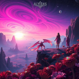 A majestic scene of a vast alien landscape during a vibrant sunset, featuring surreal rock formations and bioluminescent plants, with two ethereal figures standing at the edge of a cliff, looking out over a swirling pink and purple sky filled with stars