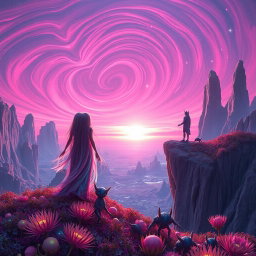 A majestic scene of a vast alien landscape during a vibrant sunset, featuring surreal rock formations and bioluminescent plants, with two ethereal figures standing at the edge of a cliff, looking out over a swirling pink and purple sky filled with stars
