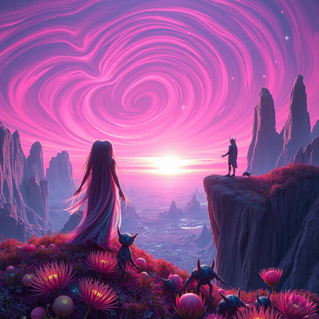 A majestic scene of a vast alien landscape during a vibrant sunset, featuring surreal rock formations and bioluminescent plants, with two ethereal figures standing at the edge of a cliff, looking out over a swirling pink and purple sky filled with stars