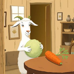 Inside a cozy room, a white goat holding a round cabbage curiously gazes at a carrot resting on a wooden table