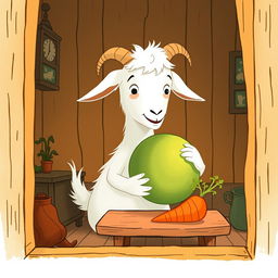 Inside a cozy room, a white goat holding a round cabbage curiously gazes at a carrot resting on a wooden table