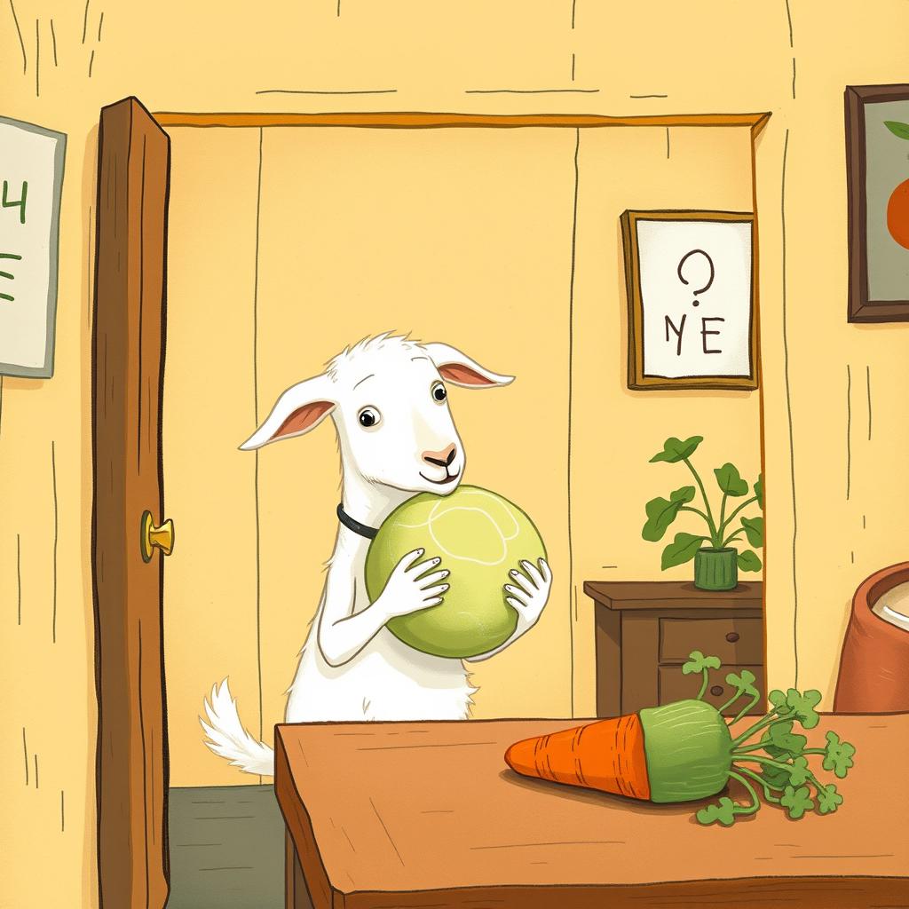 Inside a cozy room, a white goat holding a round cabbage curiously gazes at a carrot resting on a wooden table