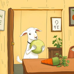 Inside a cozy room, a white goat holding a round cabbage curiously gazes at a carrot resting on a wooden table