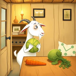 Inside a cozy room, a white goat holding a round cabbage curiously gazes at a carrot resting on a wooden table