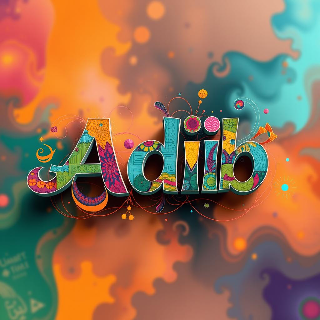 A vibrant, abstract portrayal of the name "Adib" represented in artistic typography, with colorful patterns and intricate designs merging with the letters