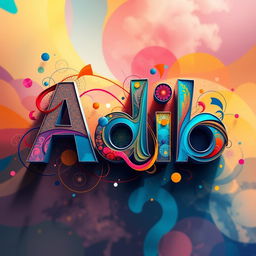 A vibrant, abstract portrayal of the name "Adib" represented in artistic typography, with colorful patterns and intricate designs merging with the letters