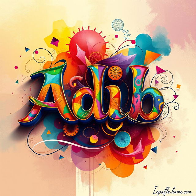 A vibrant, abstract portrayal of the name "Adib" represented in artistic typography, with colorful patterns and intricate designs merging with the letters