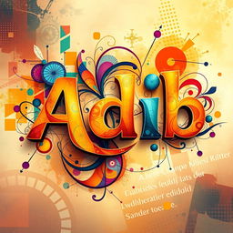 A vibrant, abstract portrayal of the name "Adib" represented in artistic typography, with colorful patterns and intricate designs merging with the letters