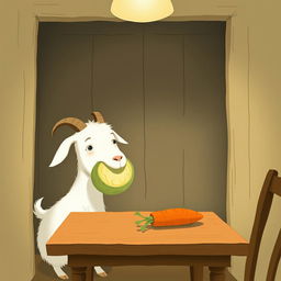 Inside a cozy room, a white goat holds a round cabbage in its mouth, looking intently at a carrot that rests on a wooden table