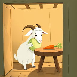 Inside a cozy room, a white goat holds a round cabbage in its mouth, looking intently at a carrot that rests on a wooden table