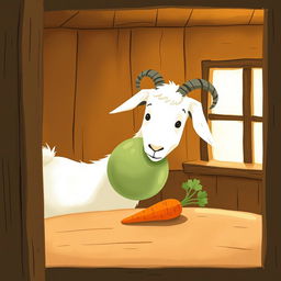 Inside a cozy room, a white goat holds a round cabbage in its mouth, looking intently at a carrot that rests on a wooden table