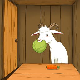Inside a cozy room, a white goat holds a round cabbage in its mouth, looking intently at a carrot that rests on a wooden table