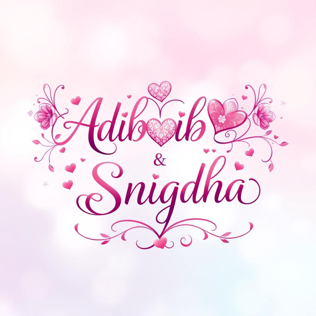 A romantic and artistic depiction of the names "Adib" and "Snigdha" intertwined in beautiful calligraphy, adorned with decorative hearts and floral elements