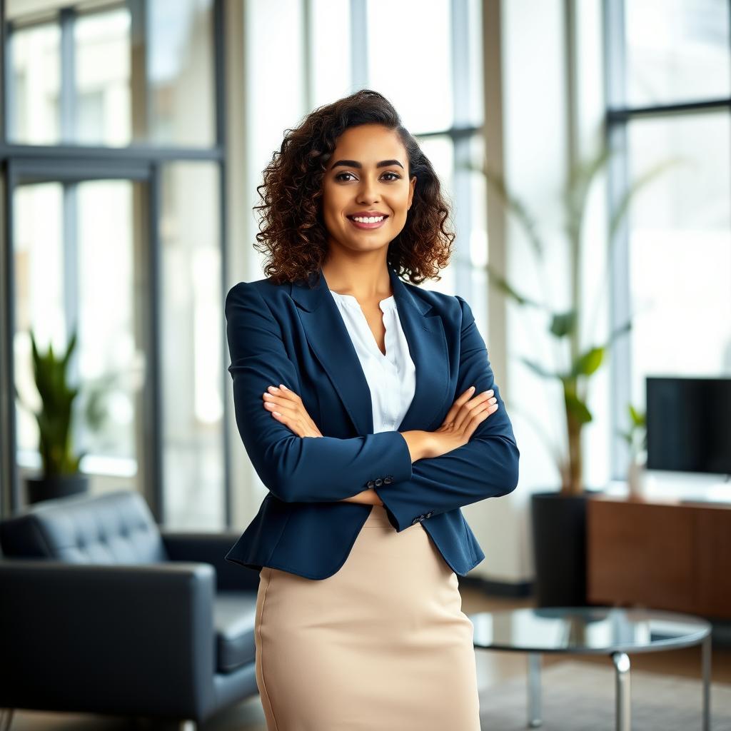 A confident and professional young woman with shoulder-length curly hair, wearing a tailored navy blue blazer over a crisp white blouse