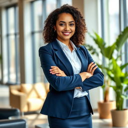A confident and professional young woman with shoulder-length curly hair, wearing a tailored navy blue blazer over a crisp white blouse