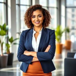 A confident and professional young woman with shoulder-length curly hair, wearing a tailored navy blue blazer over a crisp white blouse