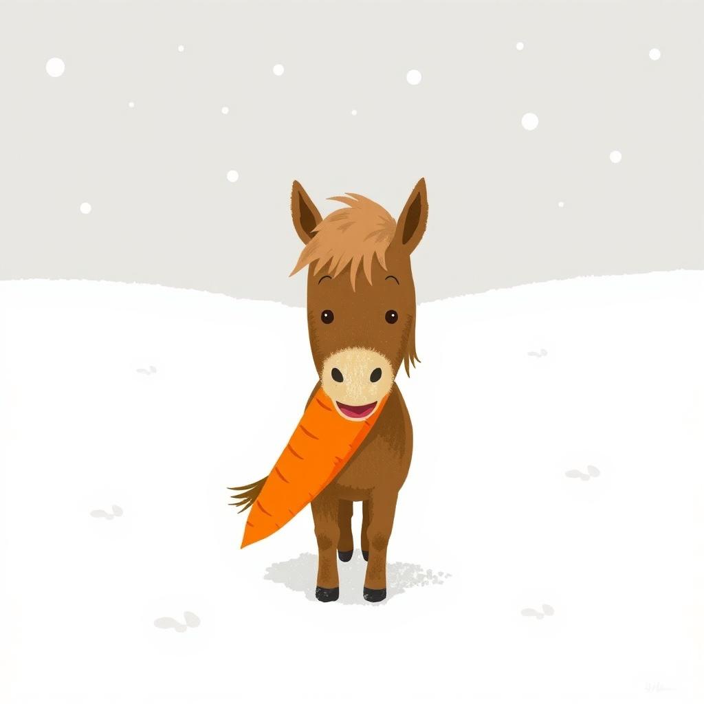 In a snowy landscape, a small brown pony holds a bright orange carrot in its mouth, creating a playful and whimsical scene