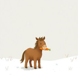 In a snowy landscape, a small brown pony holds a bright orange carrot in its mouth, creating a playful and whimsical scene