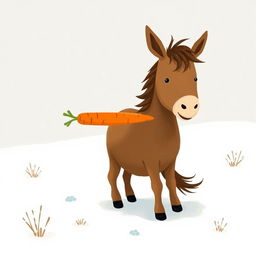In a snowy landscape, a small brown pony holds a bright orange carrot in its mouth, creating a playful and whimsical scene