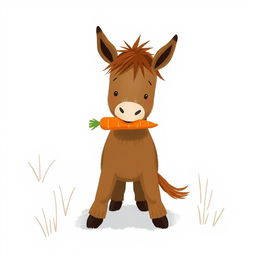 In a snowy landscape, a small brown pony holds a bright orange carrot in its mouth, creating a playful and whimsical scene