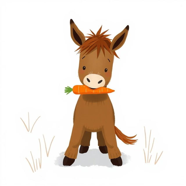 In a snowy landscape, a small brown pony holds a bright orange carrot in its mouth, creating a playful and whimsical scene
