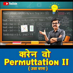 A vibrant YouTube thumbnail design depicting a dynamic classroom scene focused on teaching permutations in mathematics