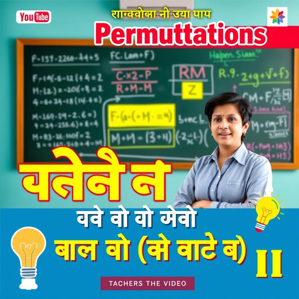 A vibrant YouTube thumbnail design depicting a dynamic classroom scene focused on teaching permutations in mathematics